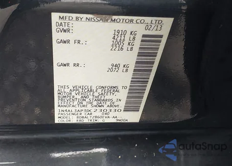 2013 Nissan Altima 2.5 Sv z USA, uszkodzony, nr VIN 1N4AL3AP3DC230330